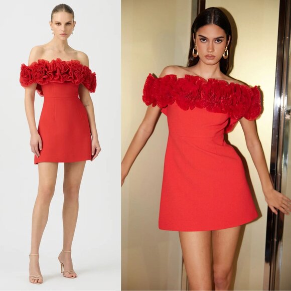 Sonya Moda Nahla Sorrento Red Off the Shoulder Rosette Mini Dress Size XL NWT - Picture 1 of 13